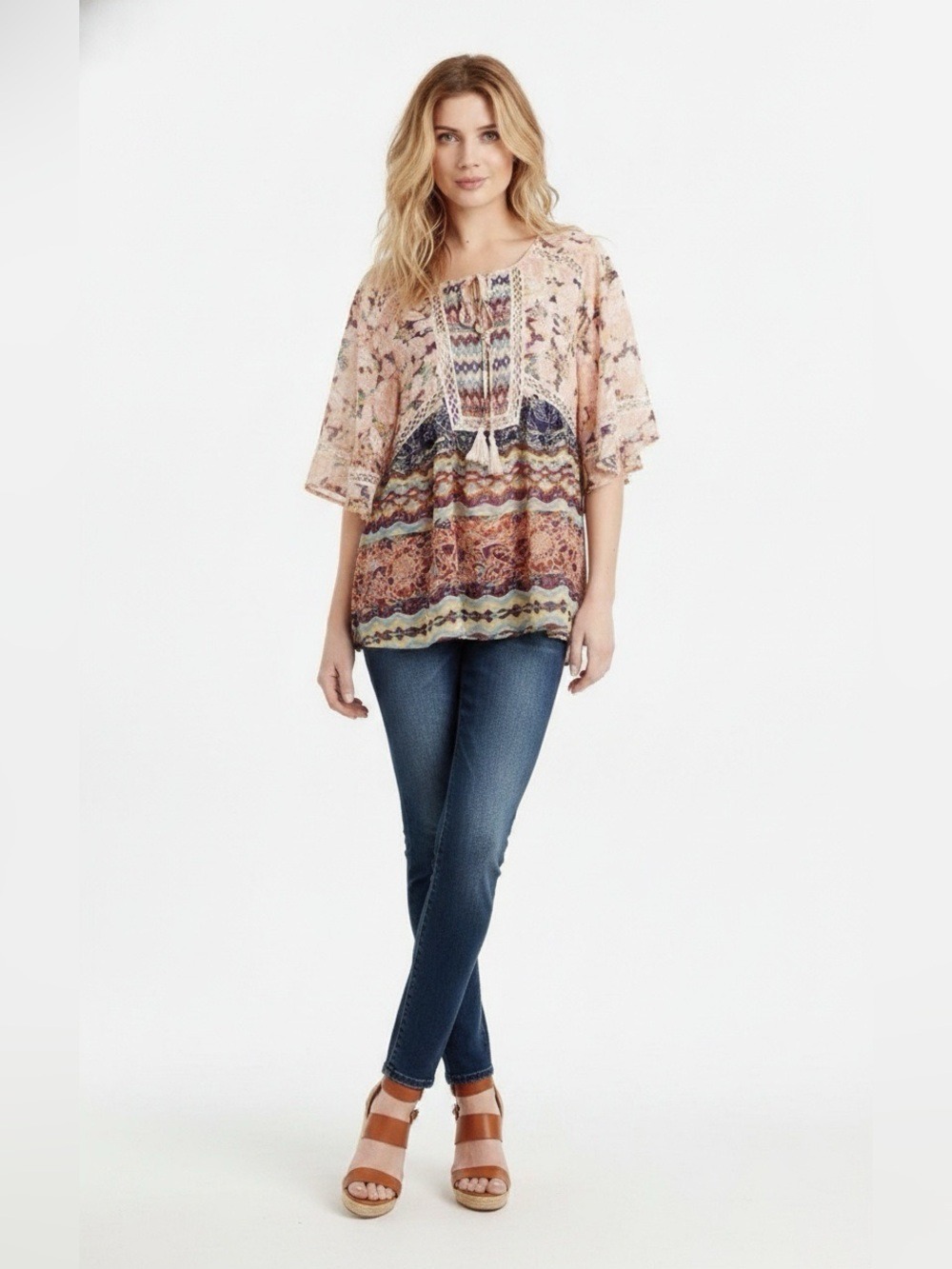 Anthropologie Meadow Rue Batai Peasant Tassel Mixed Floral Crochet Lace Top